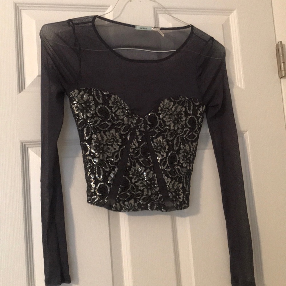 blue and sliver sheer crop top